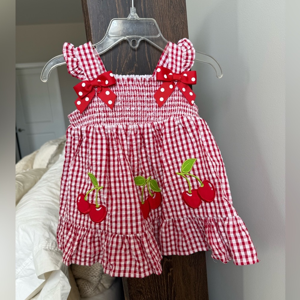 NWT Rare Editions Red Gingham Dress with Cherries and diaper cover size 3-6 mo
